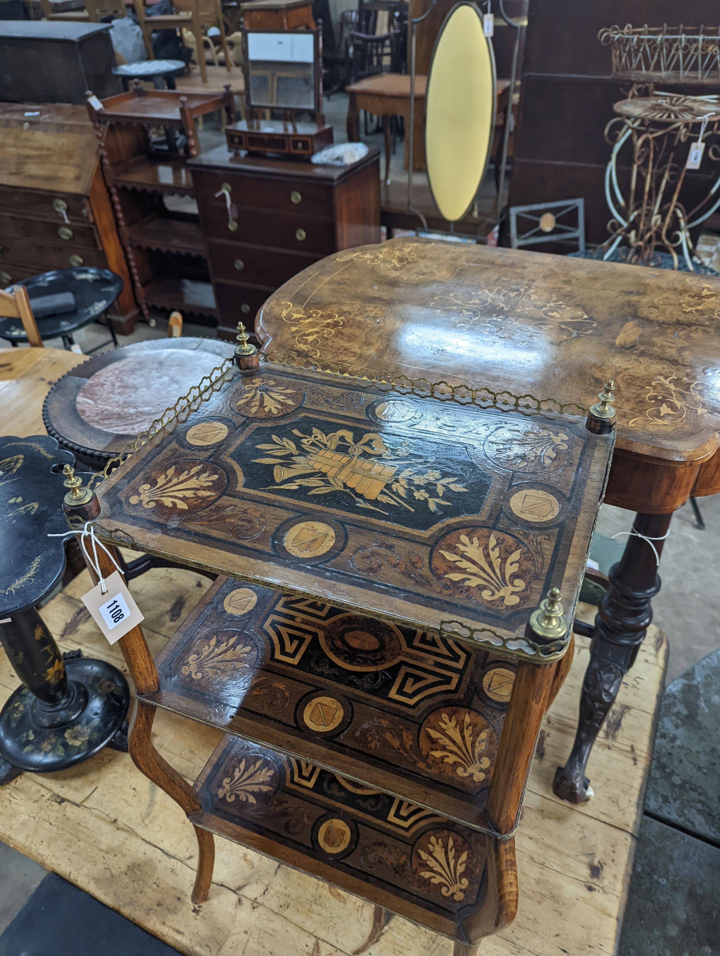 A 19th century French marquetry inlaid three tier etagere, width 42cm, depth 30cm, height 79cm